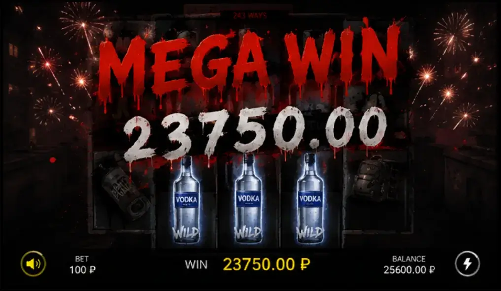 Экран Mega Win в демо Parkur Vodka, выигрыш 23 750 рублей при ставке 100