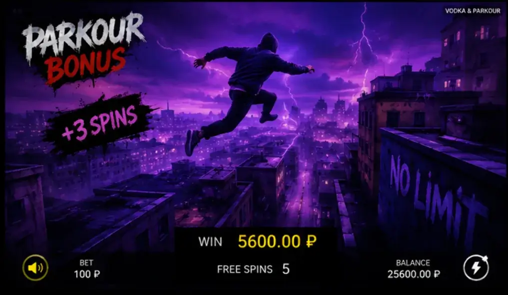 Экран бонусного раунда Parkour Bonus в слоте Parkur Vodka, ретриггер плюс три спина